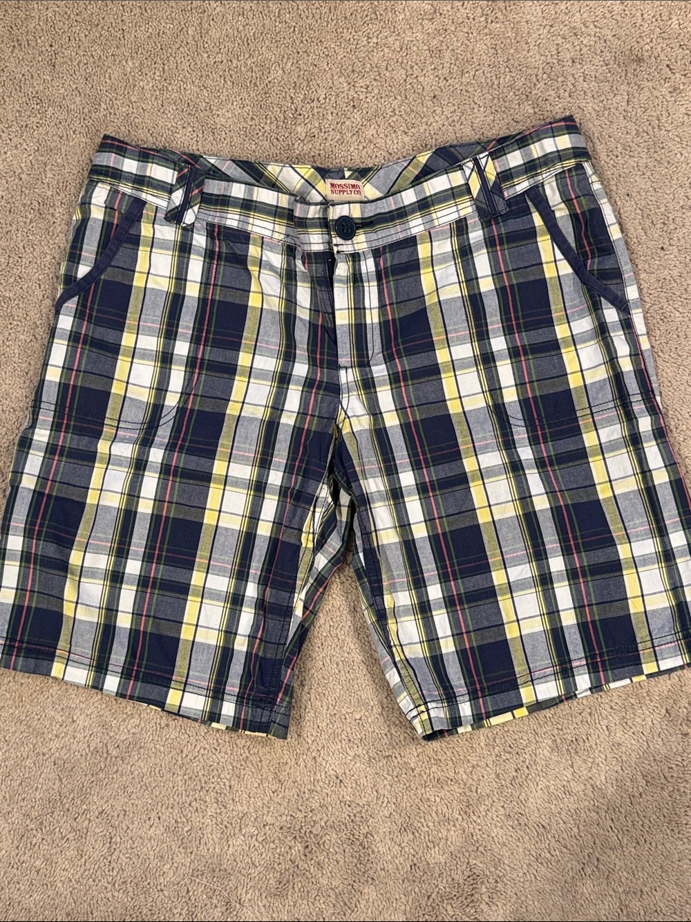 Mossimo Supply Co. Navy, White & Yellow Plaid Flat Front Shorts